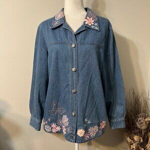 Vtg Toffee Apple Women Button Up Denim Jacket Floral Butterfly Embroidered Sz M